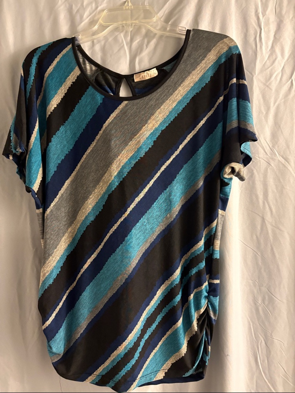 Lavish Diagonal Stripe Short Sleeve Top in Teal, Navy & Gray